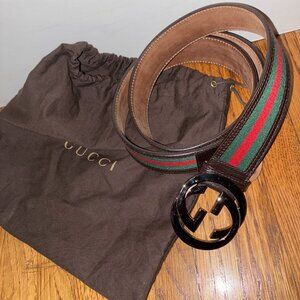 Gucci GG Interlocking Buckle Belt – Brown Leather w/ Green & Red web-NEW/UNUSED